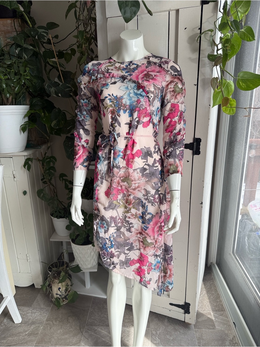 Lucky Leaves Floral Pink Long-Sleeve Midi Dress NWT Med
